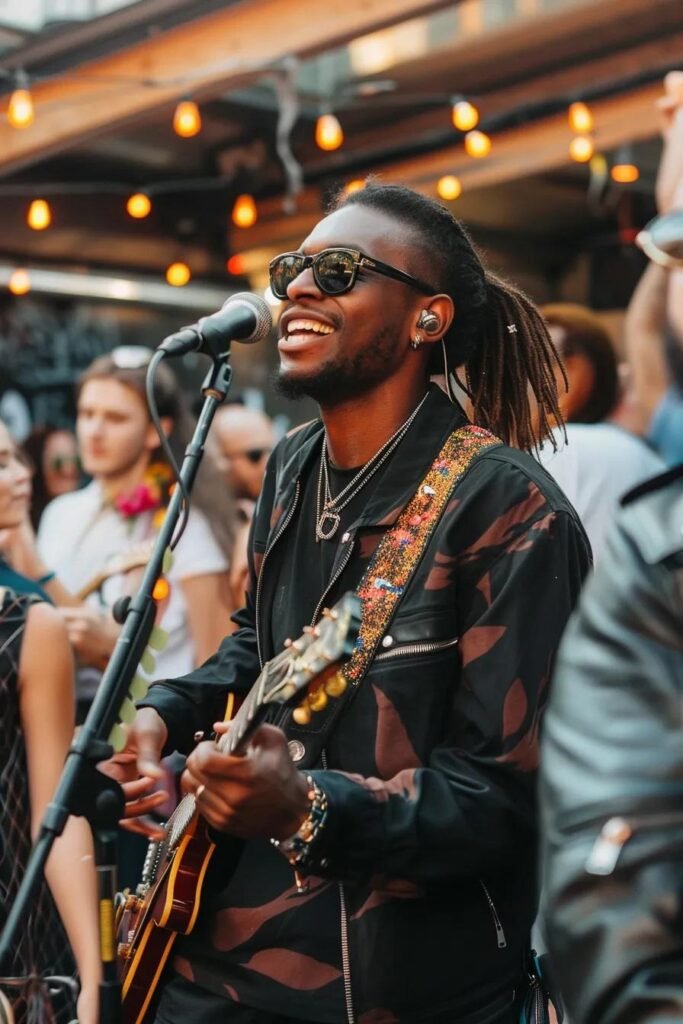 Musician performing live with guitar at a vibrant outdoor event, surrounded by an engaged crowd, highlighting the importance of security services for public gatherings by Mayer Security Services.