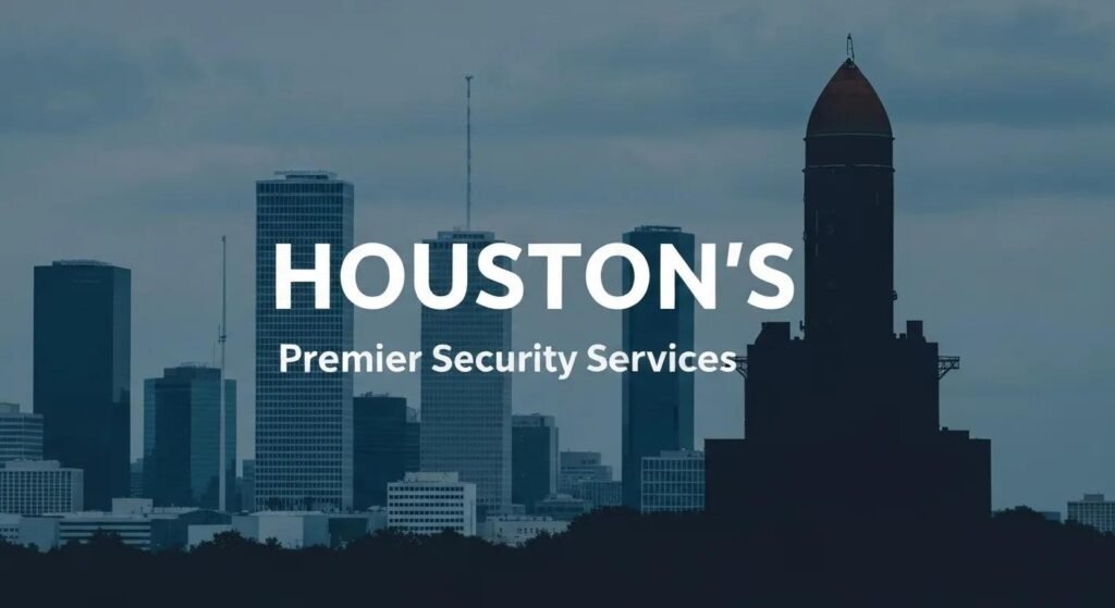 Houston's skyline with text overlay: "Houston's Premier Security Services," emphasizing Mayer Security Services' role in providing top-tier security solutions in Houston.