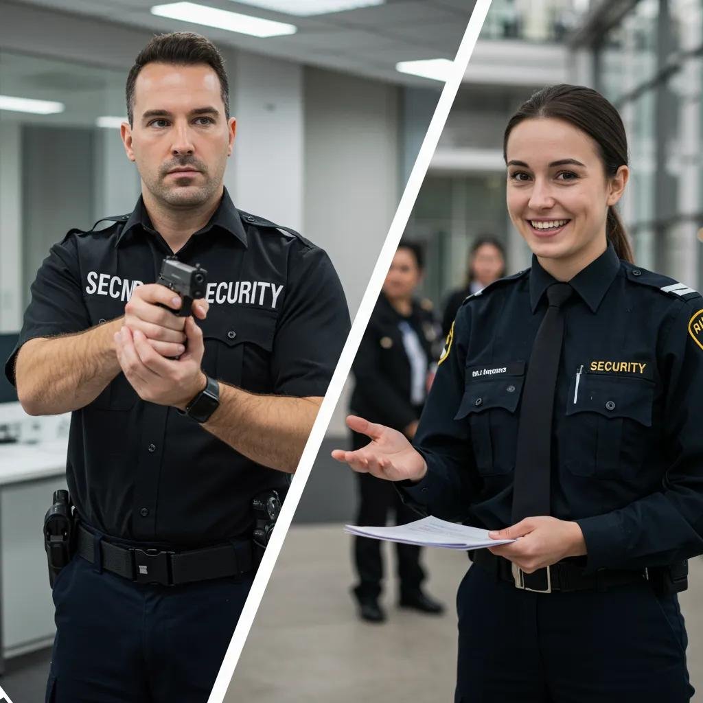 Security personnel demonstrating armed and unarmed roles, showcasing professionalism and readiness in a modern environment, relevant to Mayer Security Services' offerings.
