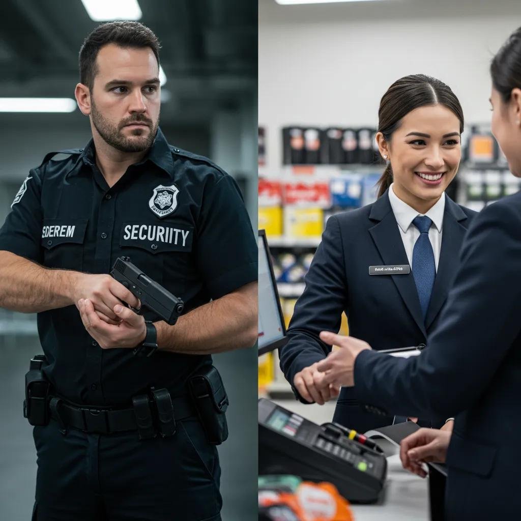 Armed security guard with firearm and unarmed security personnel assisting customer, illustrating distinct roles of Mayer Security Services in Houston's security landscape.