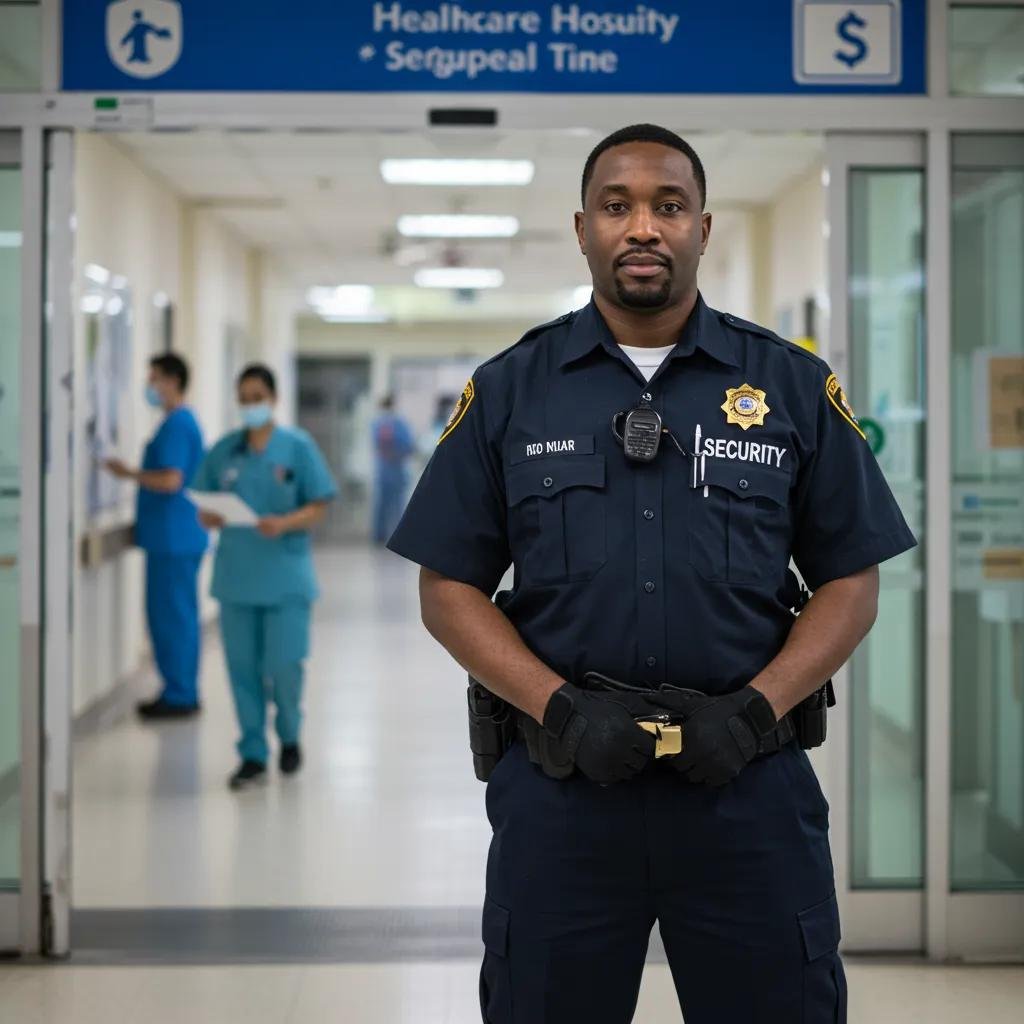 Healthcare security guard in uniform ensuring safety in hospital environment, with medical staff in background, highlighting risk management and patient safety focus by Mayer Security Services.