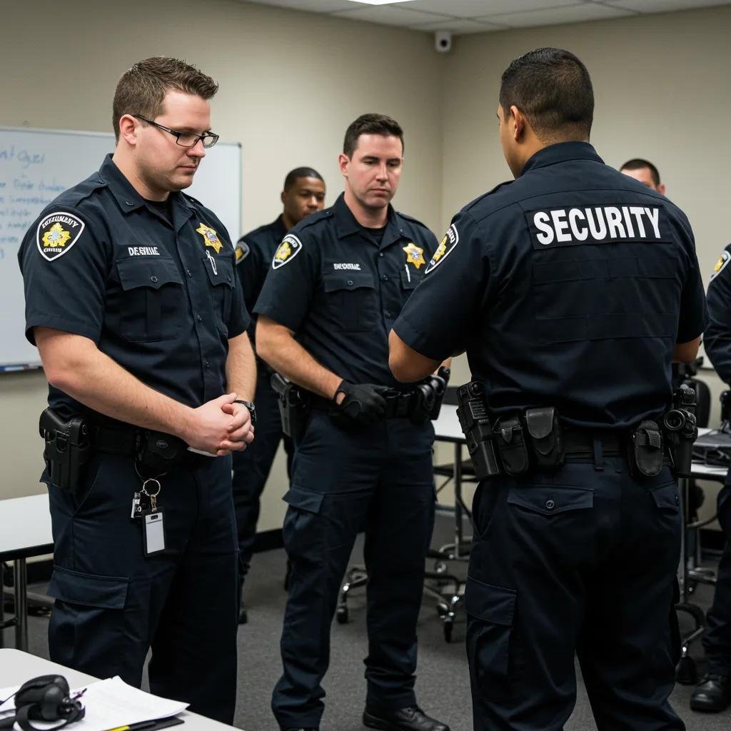 Healthcare security guards in training session, focusing on de-escalation and emergency response techniques, emphasizing Mayer Security Services' commitment to specialized training in healthcare settings.