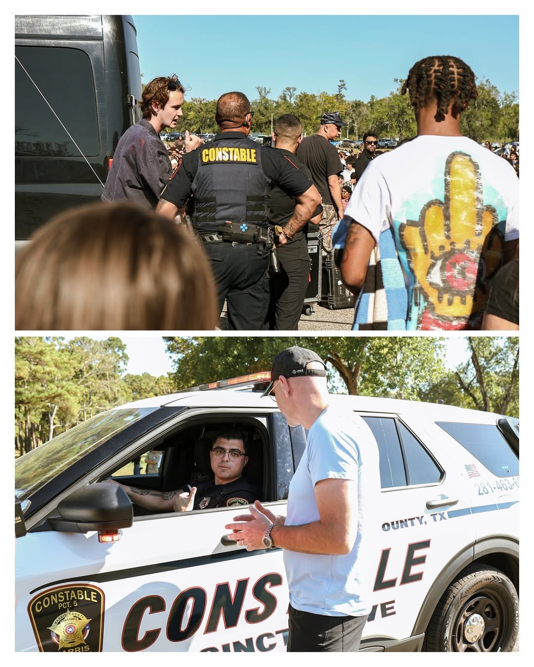 Security personnel coordinating crowd management at Daniel Caesar's pop-up concert, with constables engaged in discussions and monitoring the event for safety.