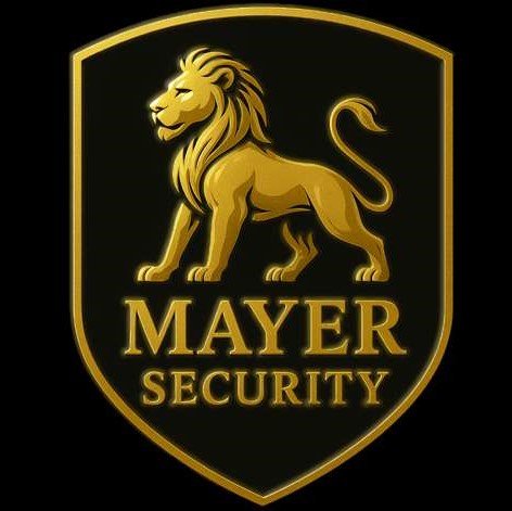 Golden lion emblem representing Mayer Security Services, featuring the company name prominently displayed in bold letters.
