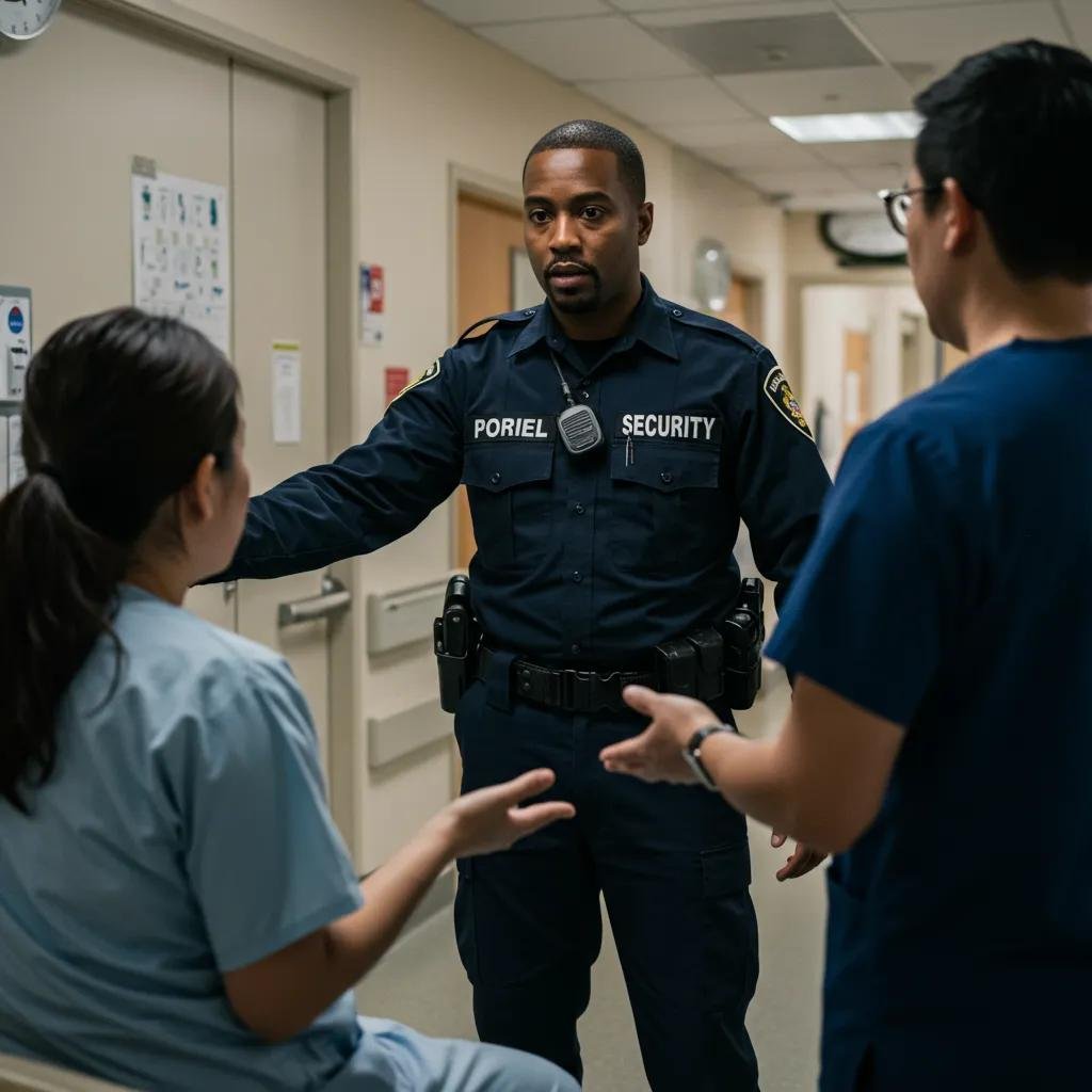 Security guard de-escalating a tense situation with healthcare staff in a hospital setting, illustrating the role of Mayer Security Services in enhancing safety and risk management.