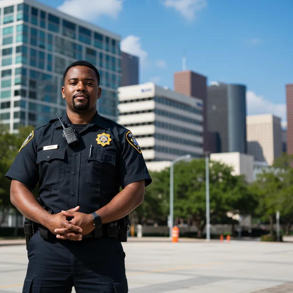 Security guard in uniform standing confidently in front of Houston business buildings, representing Mayer Security Services and emphasizing armed and unarmed security solutions.