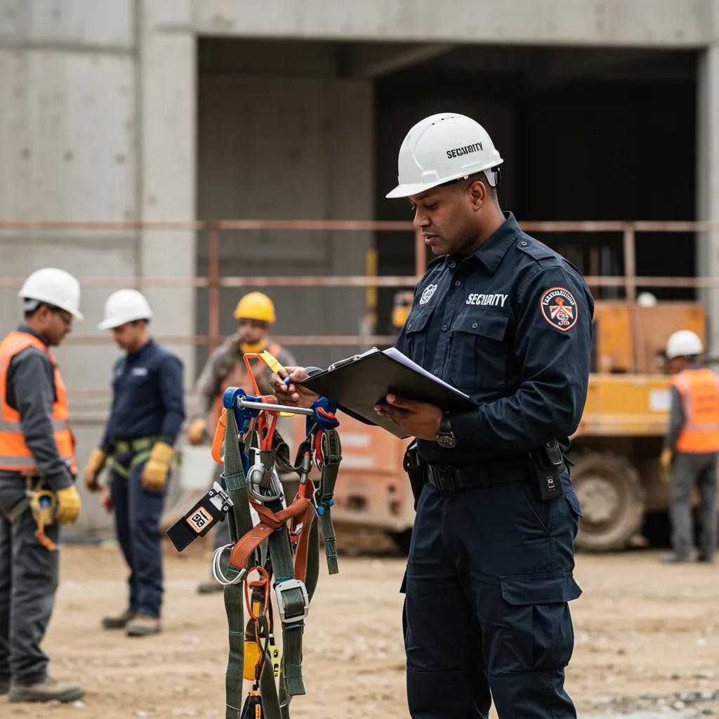 Security guard inspecting safety protocols on a construction site, surrounded by workers in hard hats and safety gear, emphasizing the importance of on-site security by Mayer Security Services.