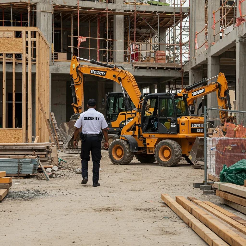 Security guard patrolling Houston construction site with heavy machinery and building materials, emphasizing on-site security for theft prevention and safety management by Mayer Security Services.
