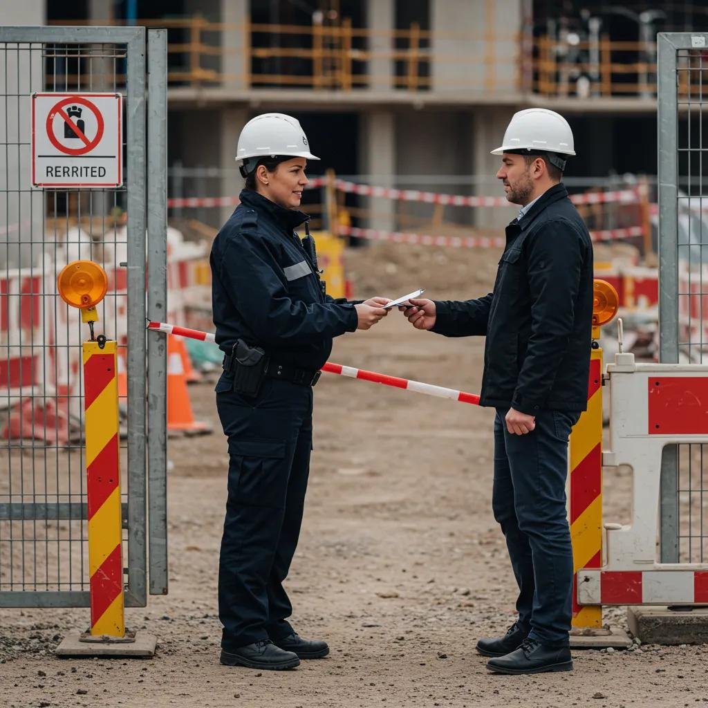 Security guard verifying visitor credentials at a construction site entrance, ensuring authorized access and safety, with construction barriers and signage in the background, highlighting the role of Mayer Security Services in site protection.