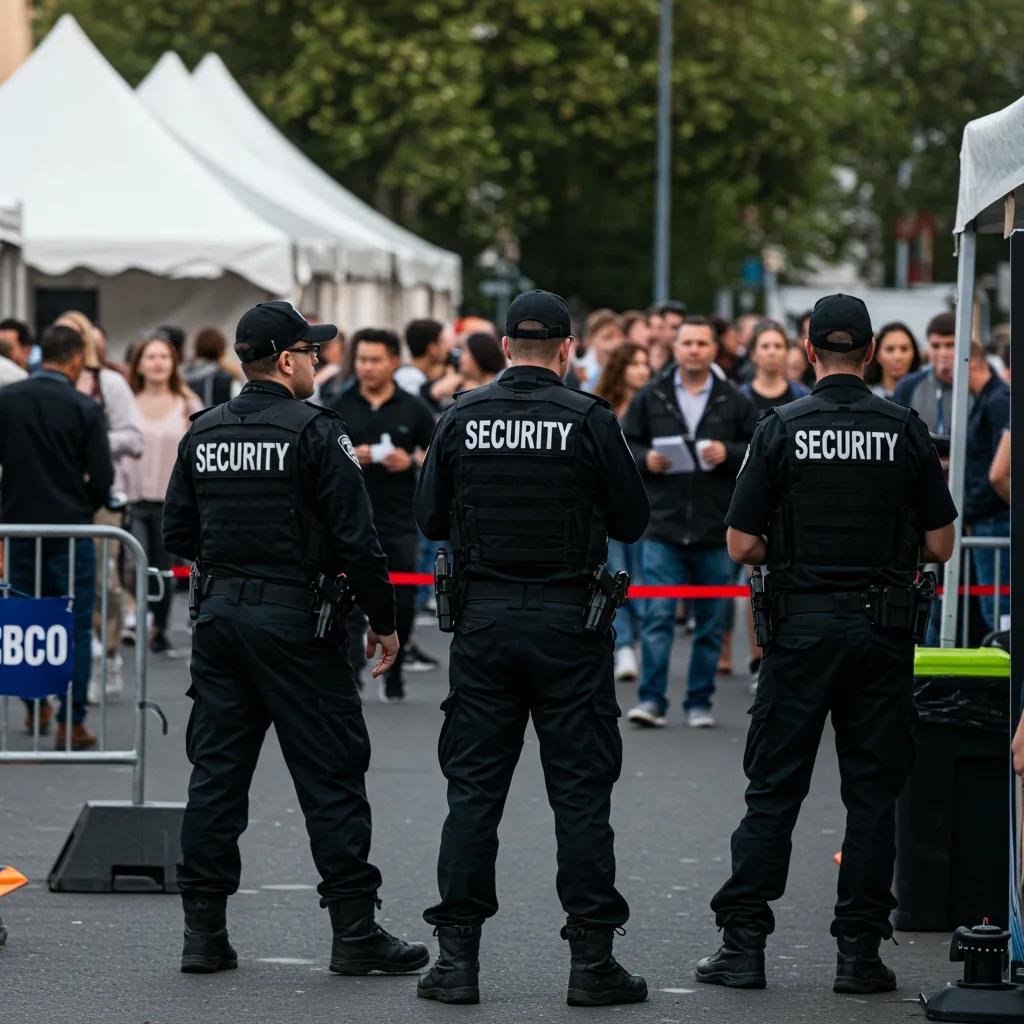 Security personnel managing crowd control at an outdoor event, wearing uniforms labeled "SECURITY," overseeing guest entry and maintaining safety protocols.