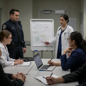 Healthcare Security Houston- Mayer Security Services Guard Speaking to Doctors in a hospital room