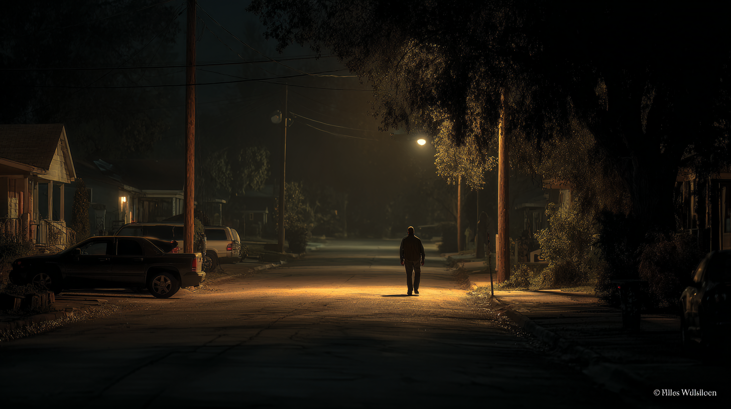 Person walking alone on a dimly lit street at night, surrounded by houses and parked vehicles, illustrating the need for personal safety and security in residential areas, relevant to Mayer Security Services' focus on community protection.