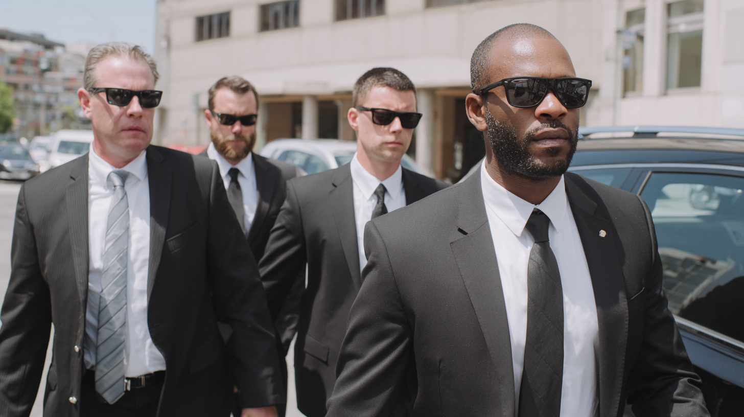 Executive protection team in suits and sunglasses walking confidently in an urban setting, showcasing professionalism and vigilance, relevant to Mayer Security Services' focus on tailored security solutions.